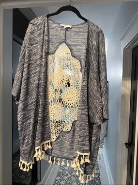 Lightweight Blue Marled Open-Front Cardigan with Crochet & Tassels